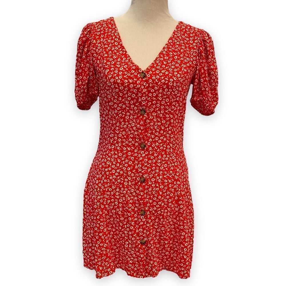 H&M Red Ditsy Floral Boho Festival Shortsleeved Flowy Mini Button Front Sundress